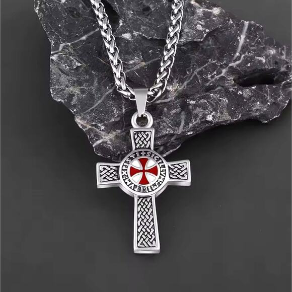 Silver & Red Cross Pendant Necklace Crusader Crusades Men's Christmas Birthday